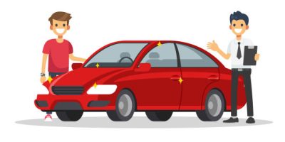 Car dealers are introducing new cars to customers. Vector illustration in a flat style.